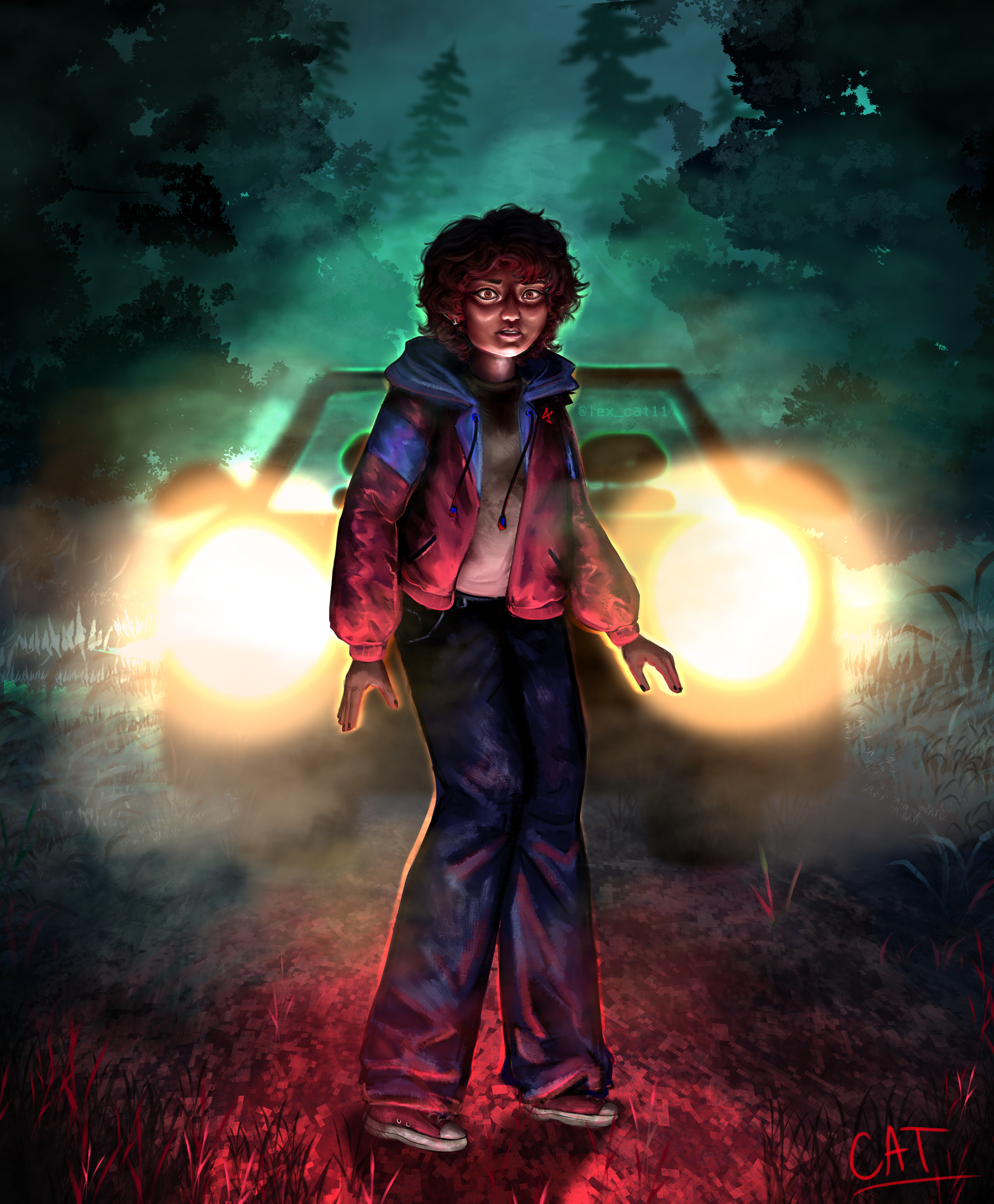 Illustration featuring a single girl. She stands in a frightened position, facing the camera with wide eyes. She has tan skin, dark hair, a gray shirt, red coat with blue accents and hood, baggy jeans, and red converse. She is lit primarily from underneath with a faint red light coming from in from of her behind the camera. She stands on an overgrown road in front of foggy woods. She is backlit by an out-of-focus car's headlights which light up the fog with a greenish tint. The illustration has a ghostly kind of aesthetic.