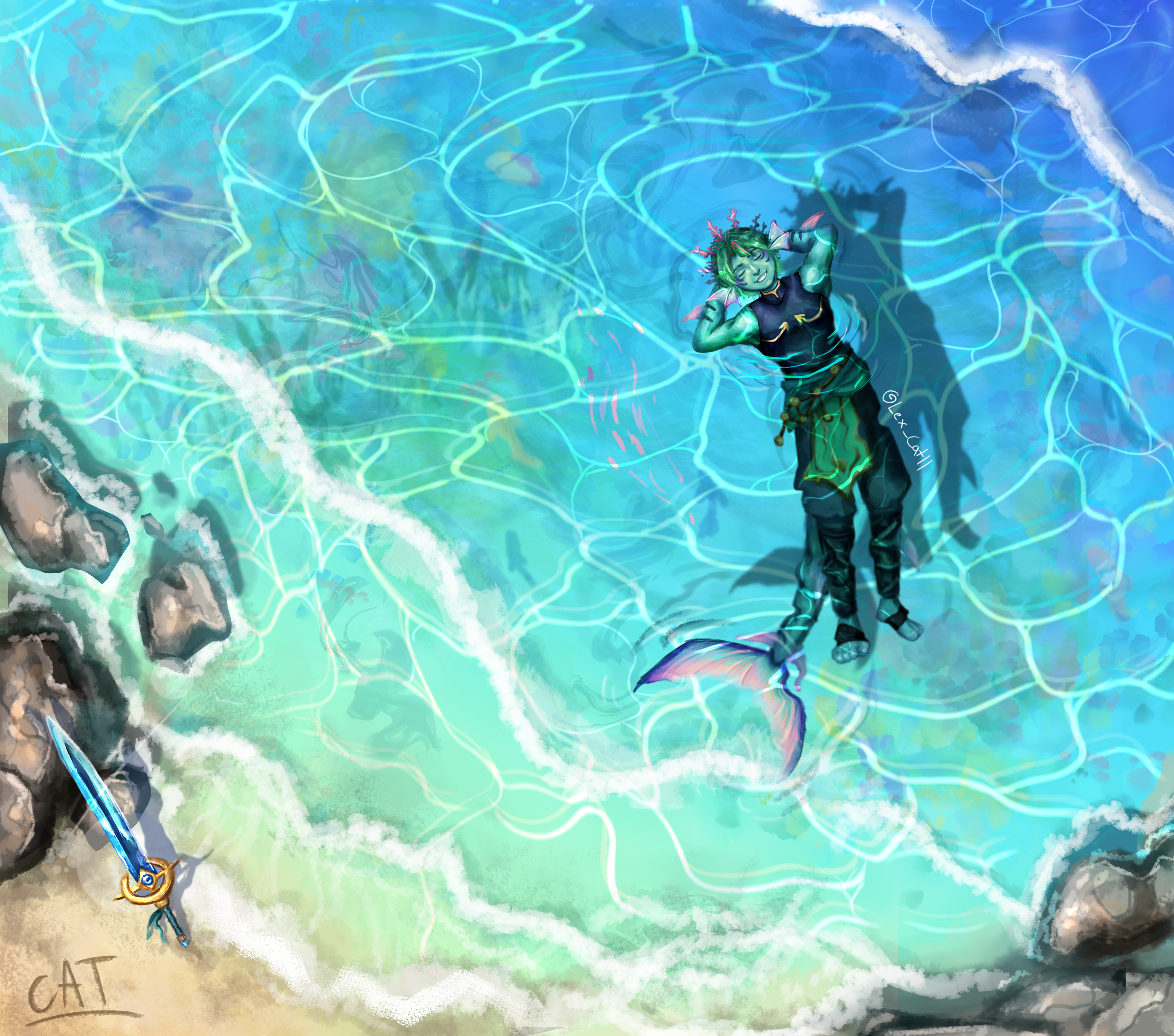 Illustrated image featuring a blue, fish-like man lounging in tropical waters. He is seen from a top-down, zoomed out angle, and swims, stomach-up, with his arms behind his head, towards the top right corner. He has blue skin, fins which gradient from blue to pink, green hair, and an expression of a big smile and closed eyes. He has blue stripes on his cheeks and arms, which also have fins. He wears a black muscle tee, puffy shorts which are submerged under water, and black leg wraps which wrap once around his feet. He has a tail which resembles that of a mermaid and pokes out slightly from the water to the bottom right. Coral can be made out beneath the water as well as fish. There is a small sandy shore in the bottom left corner with rocks. A blue sword rests against one of these rocks.