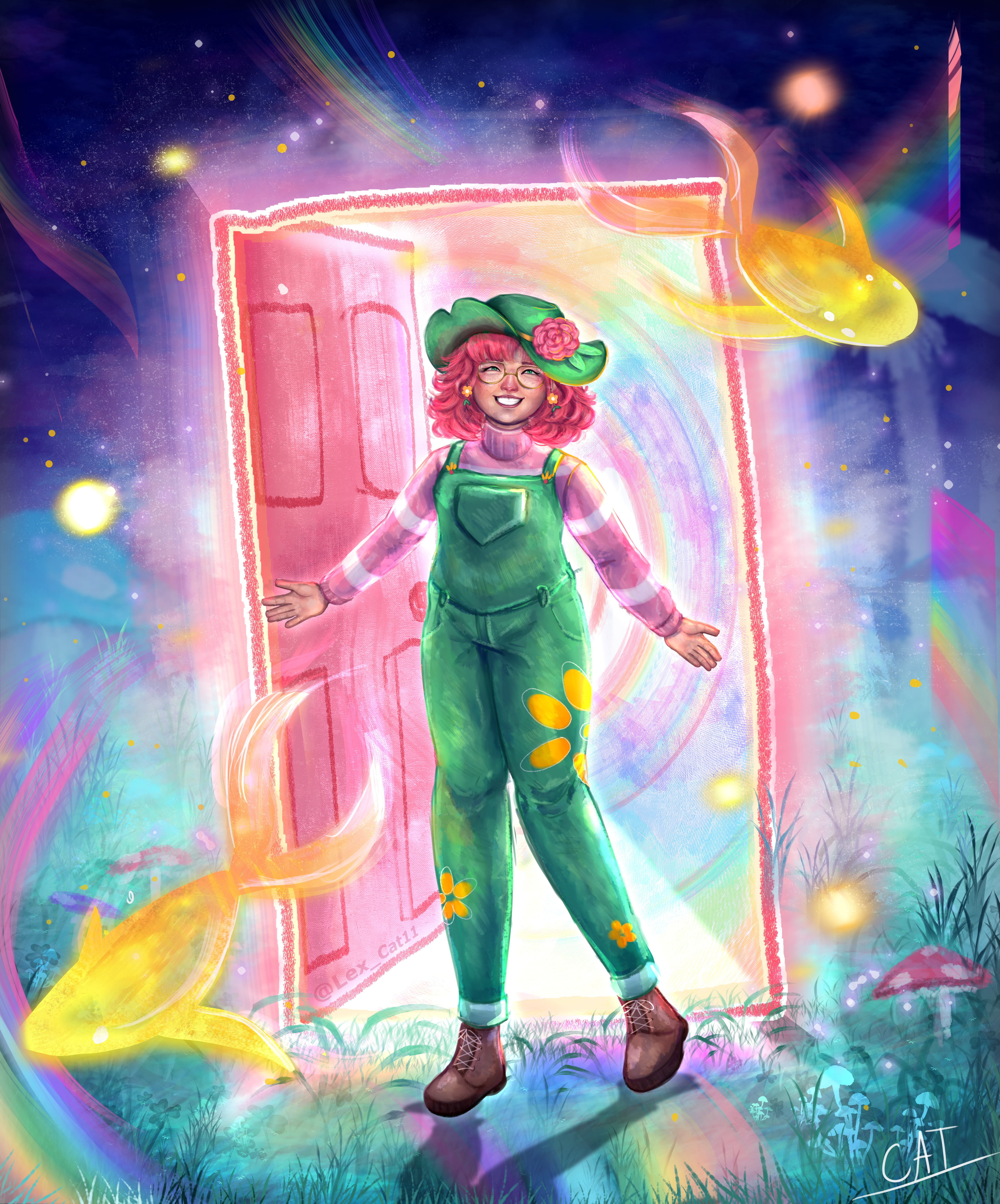 Digital illustration featuring a full-body pink-haired girl. She has pale skin, a green hat and overalls with yellow flowers, and pink striped sweater. She wears yellow flower earrings and brown boots. She is smiling with her arms outstretched and one foot lifted in a cartoony drawn doorway which glows with rainbow colors and white light. Outside of the door and around her is a blue-toned landscape with turquoise folliage and mushrooms. Rainbow lights swirls around the picture. Two golden glowing fish swim outward diagonal from each other outward from the doorway.