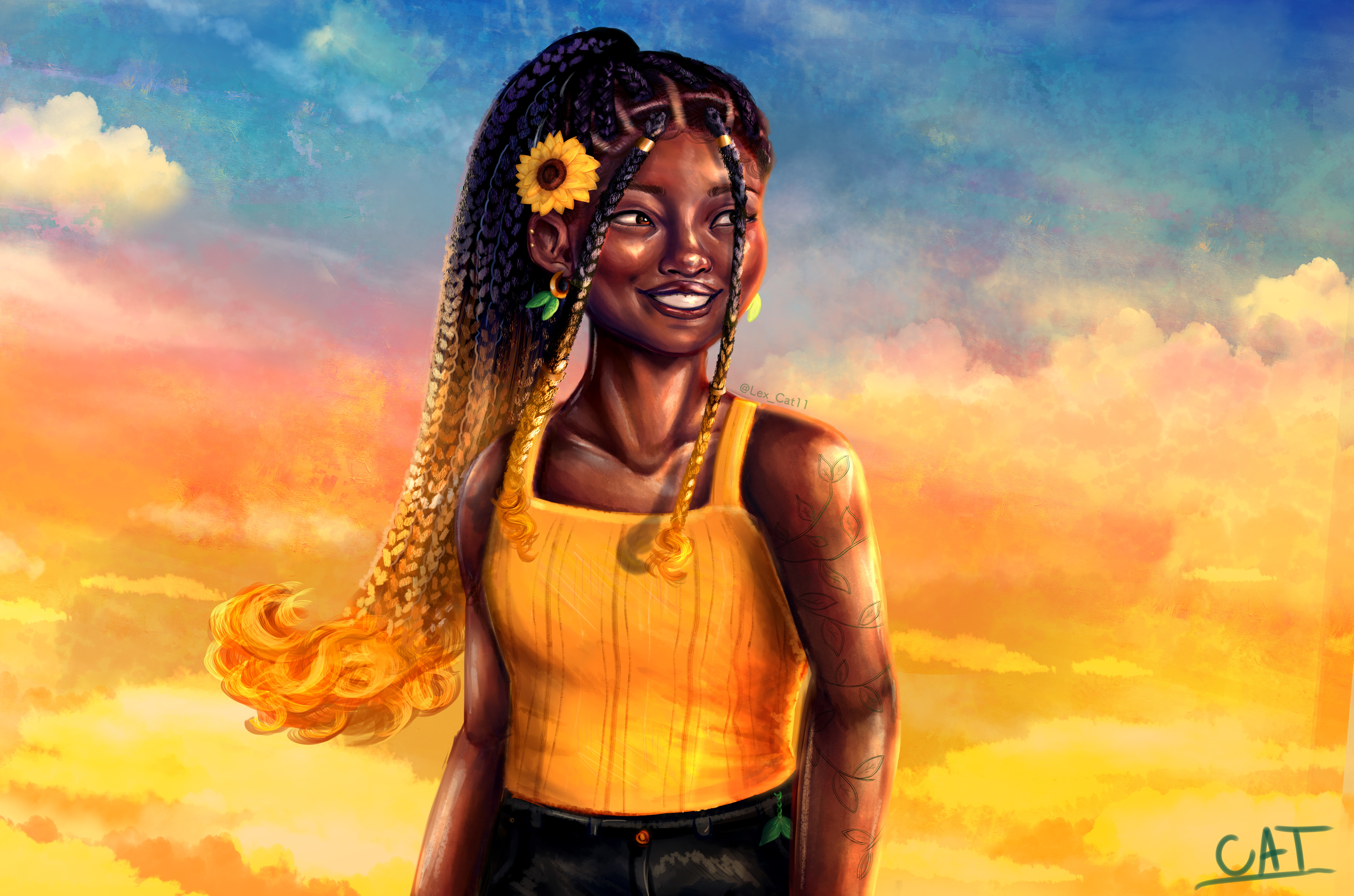 Illustration featuring singular character at the center of the screen facing the right. They are a dark-skinned individual with feminine features. They have box braids pulled back into a high ponytail with two smaller braids at the front of their face. The braids are decorated with gold rings and transition from black into a golden color. They have a happy smile, brown eyes, and a sunflower tucked behind their ear. They have golden ring earrings with leaves draping from them. They have a bright yellow tank top, black jean shorts that are mostly cut off at the bottom of the screen, and a leafy vine tattoo on their left arm. They stand in front of a vibrant sunset with the wind blowing their hair.